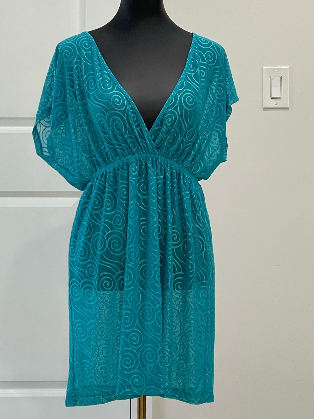 Club Z Collection Teal Sheer Swirl Lace Swim Cover-Up Dress, Size L